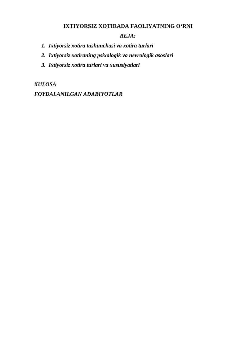 Ixtiyorsiz Xotirada Faoliyatning O‘rni 1