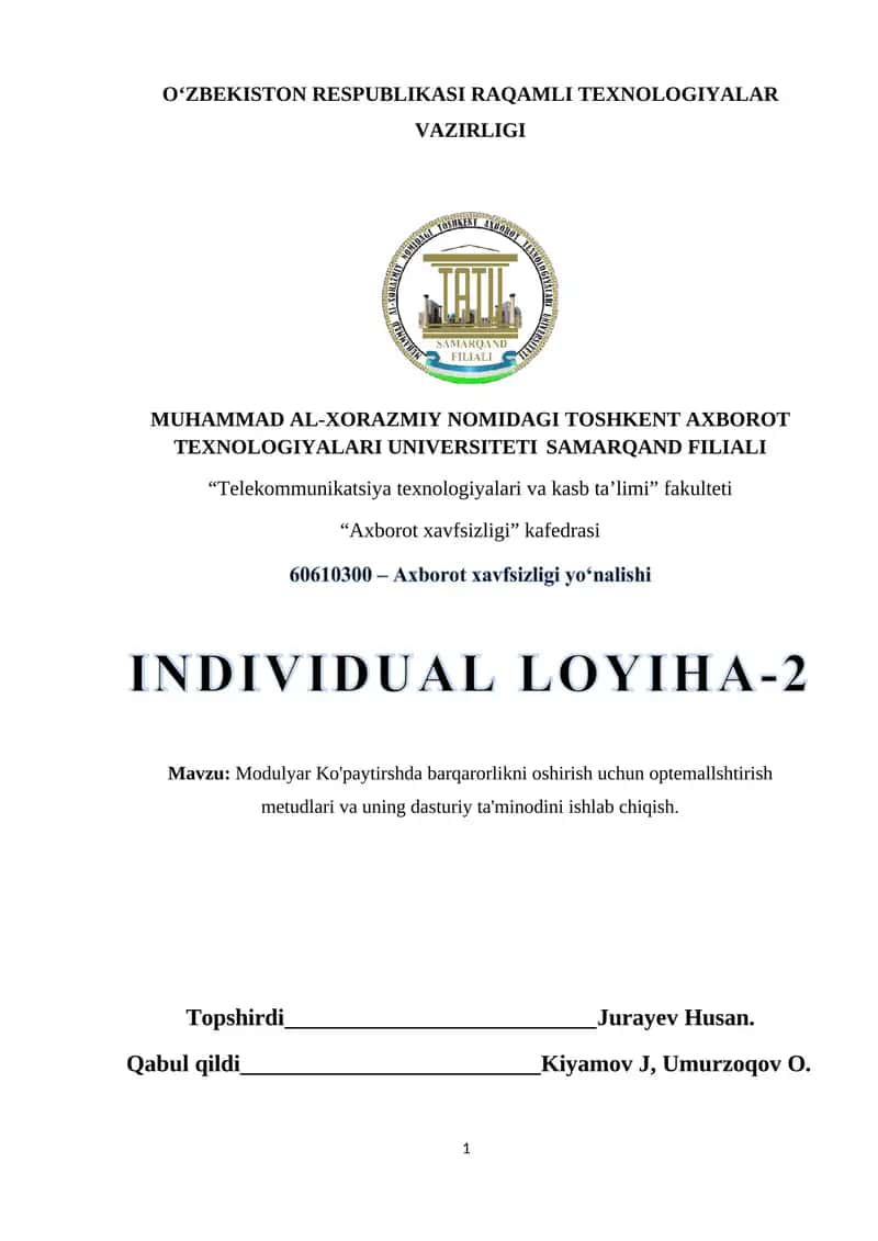 Modulyar Ko'paytirshda barqarorlikni oshirish uchun optemallshtirish metudlari va uning dasturiy ta'minodini ishlab chiqish 1