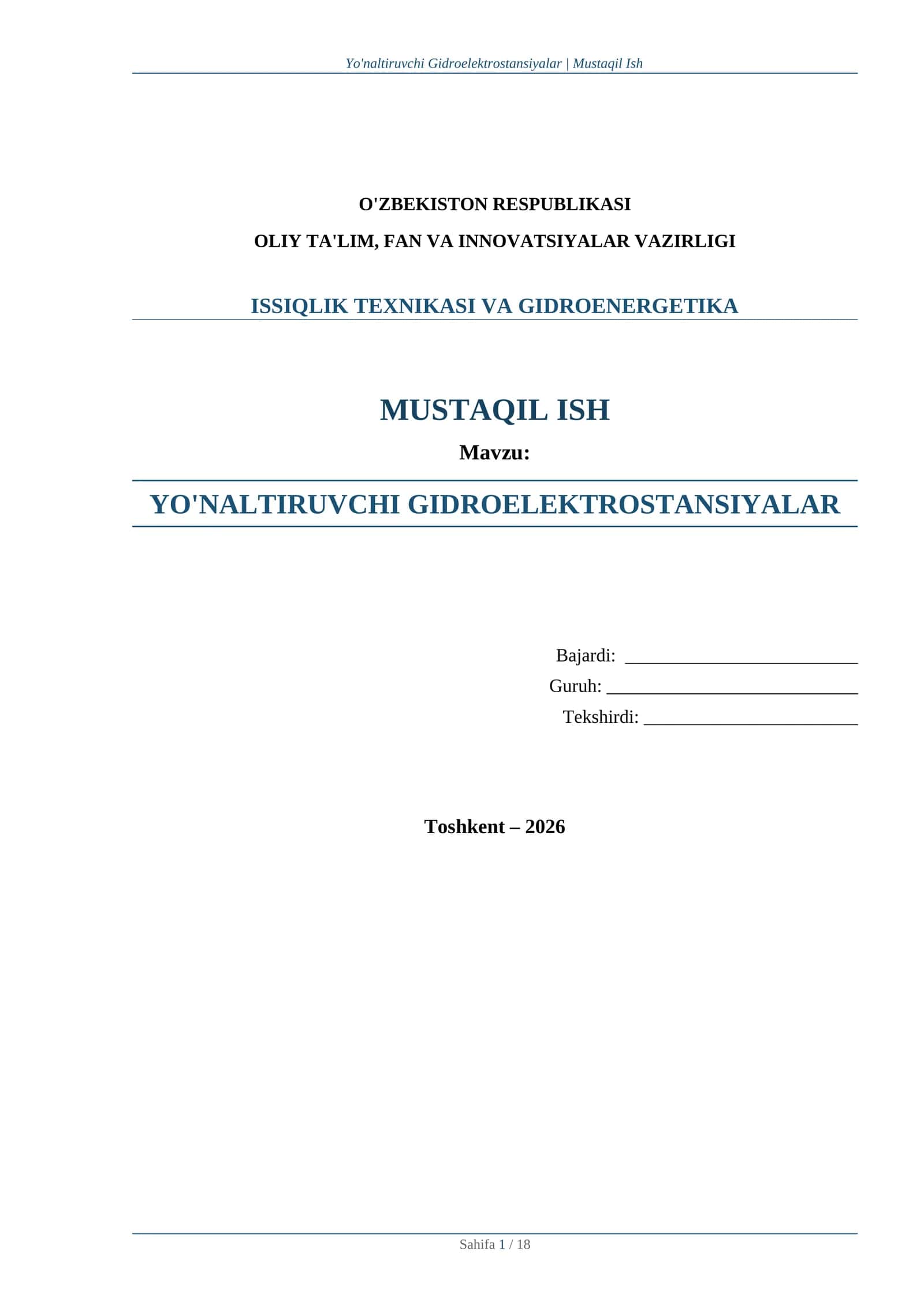 Issiqlik texnikasi va Gidroenergetika fanidan "Yo'naltiruvchi Gidroelektrostansiyalar' mavzusida mustaqil ish 1