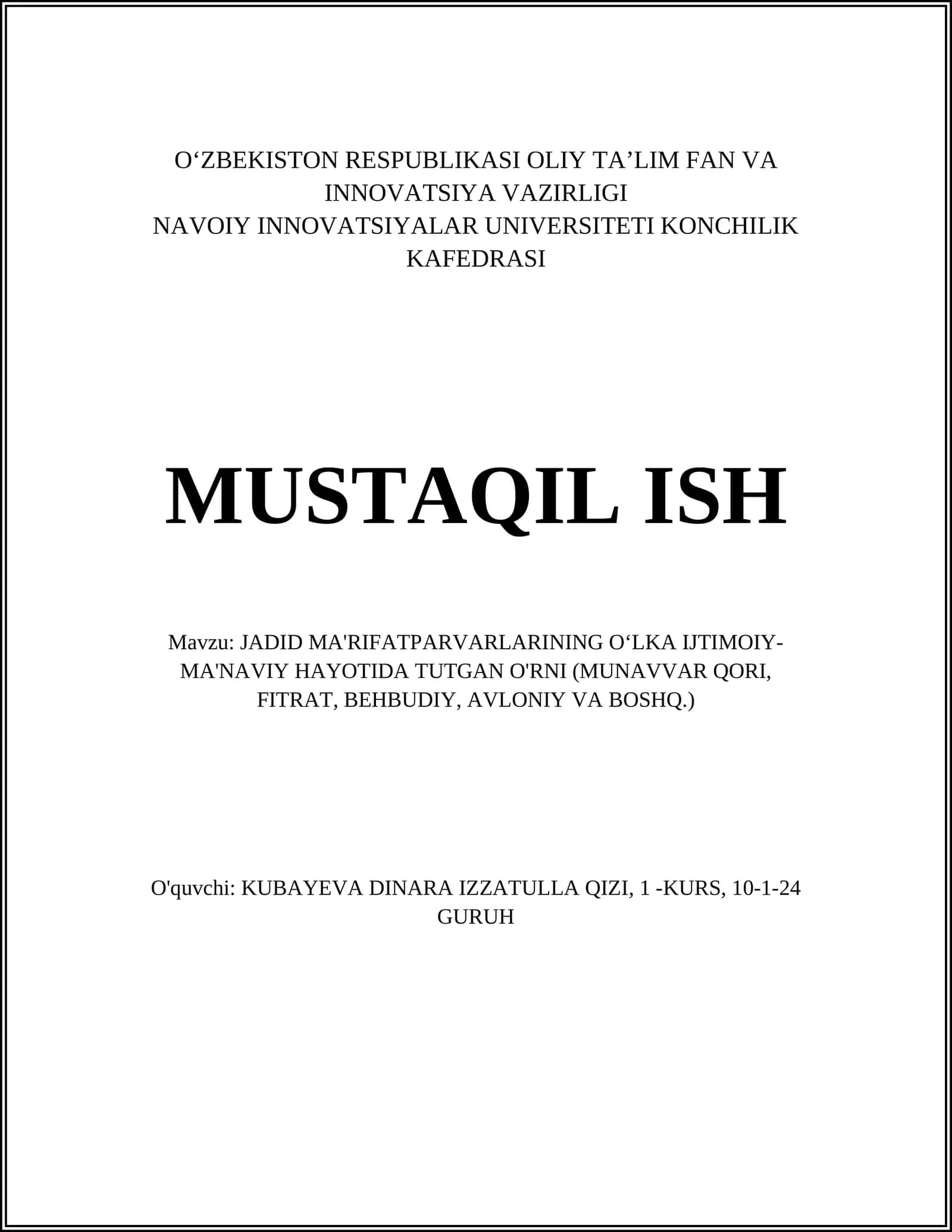 JADID MA'RIFATPARVARLARINING OʻLKA IJTIMOIY-MA'NAVIY HAYOTIDA TUTGAN O'RNI (MUNAVVAR QORI, FITRAT, BEHBUDIY, AVLONIY VA BOSHQ.) 1