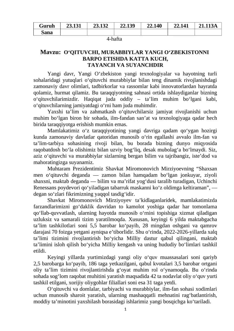 O‘QITUVCHI, MURABBIYLAR YANGI O‘ZBEKISTONNI BARPO ETISHDA KATTA KUCH, TAYANCH VA SUYANCHDIR 1