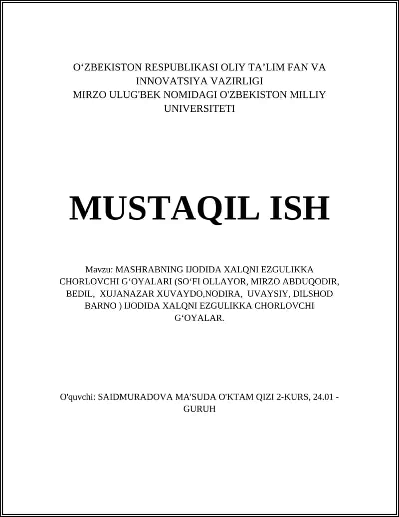 MASHRABNING IJODIDA XALQNI EZGULIKKA CHORLOVCHI GʻOYALARI 1