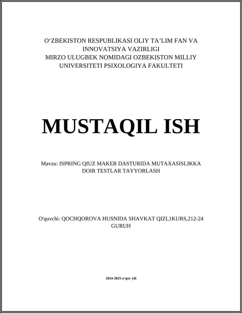 ISPRING QIUZ MAKER DASTURIDA MUTAXASISLIKKA DOIR TESTLAR TAYYORLASH 1