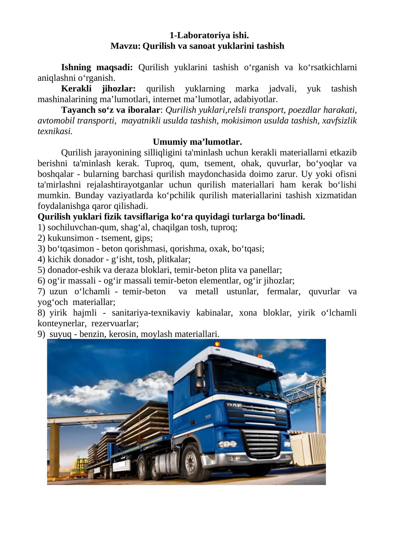 Qurilish va sanoat yuklarini tashish 1