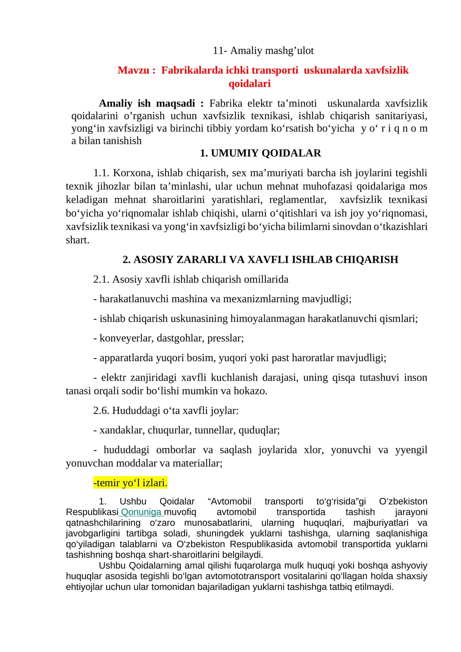 Fabrikalarda ichki transporti uskunalarda xavfsizlik qoidalari 1
