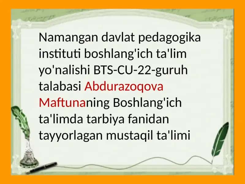 Boshlang'ich ta'limda tarbiya fanidan tayyorlagan mustaqil ta'limi 1