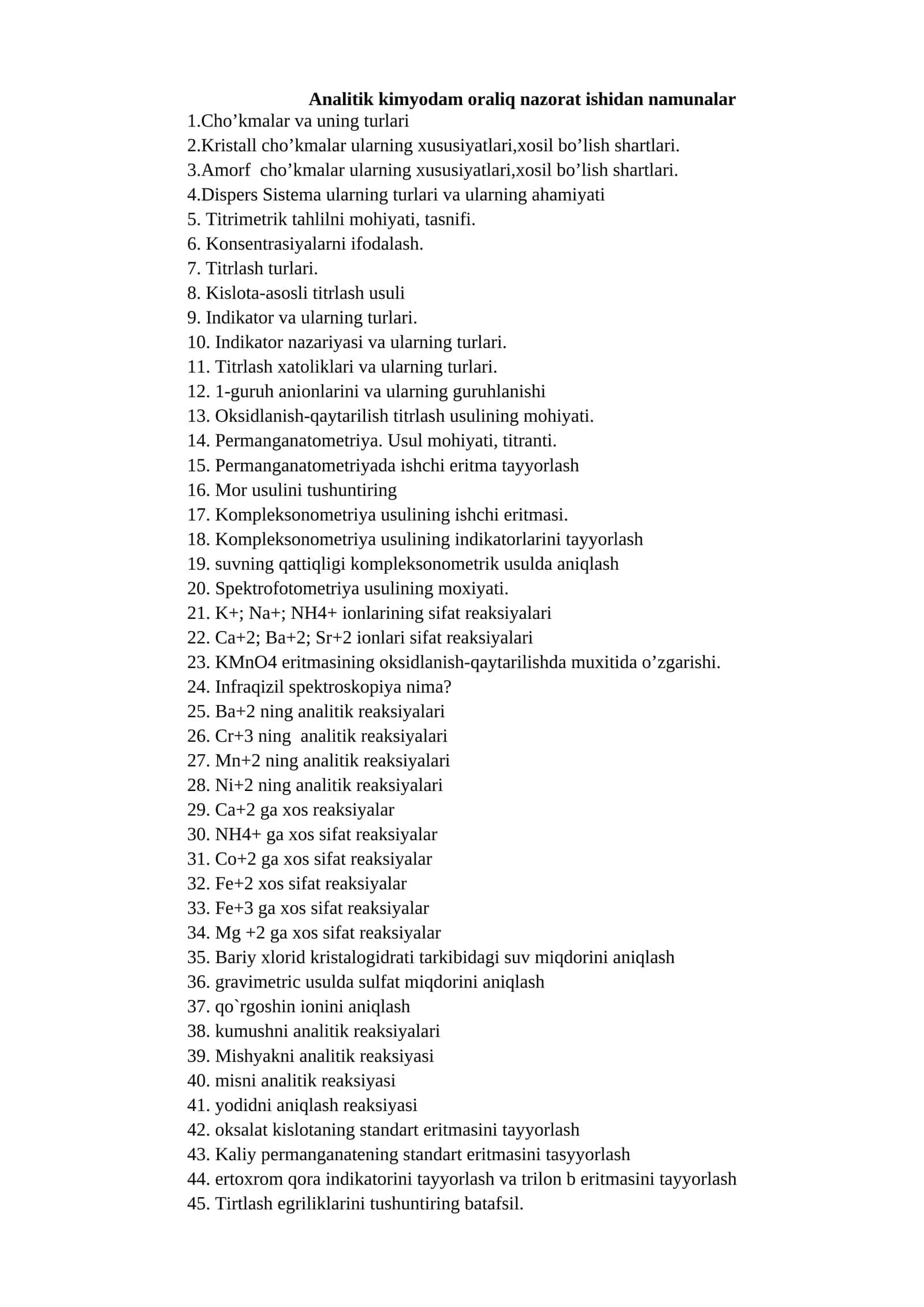 Analitik kimyodam oraliq nazorat ishidan namunalar 1