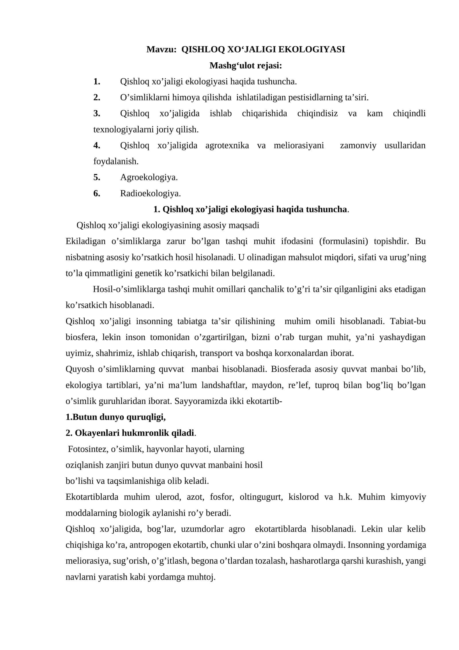 QISHLOQ XO‘JALIGI EKOLOGIYASI 1