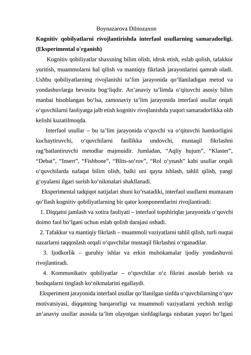 Kognitiv qobilyatlarni rivojlantirishda interfaol usullarning samaradorligi 1