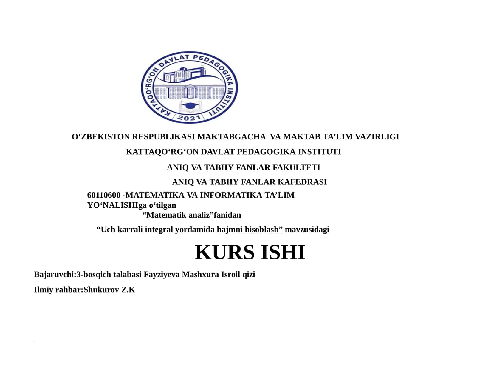 Uchkarrali integral yordamida hajmni hisoblash 1