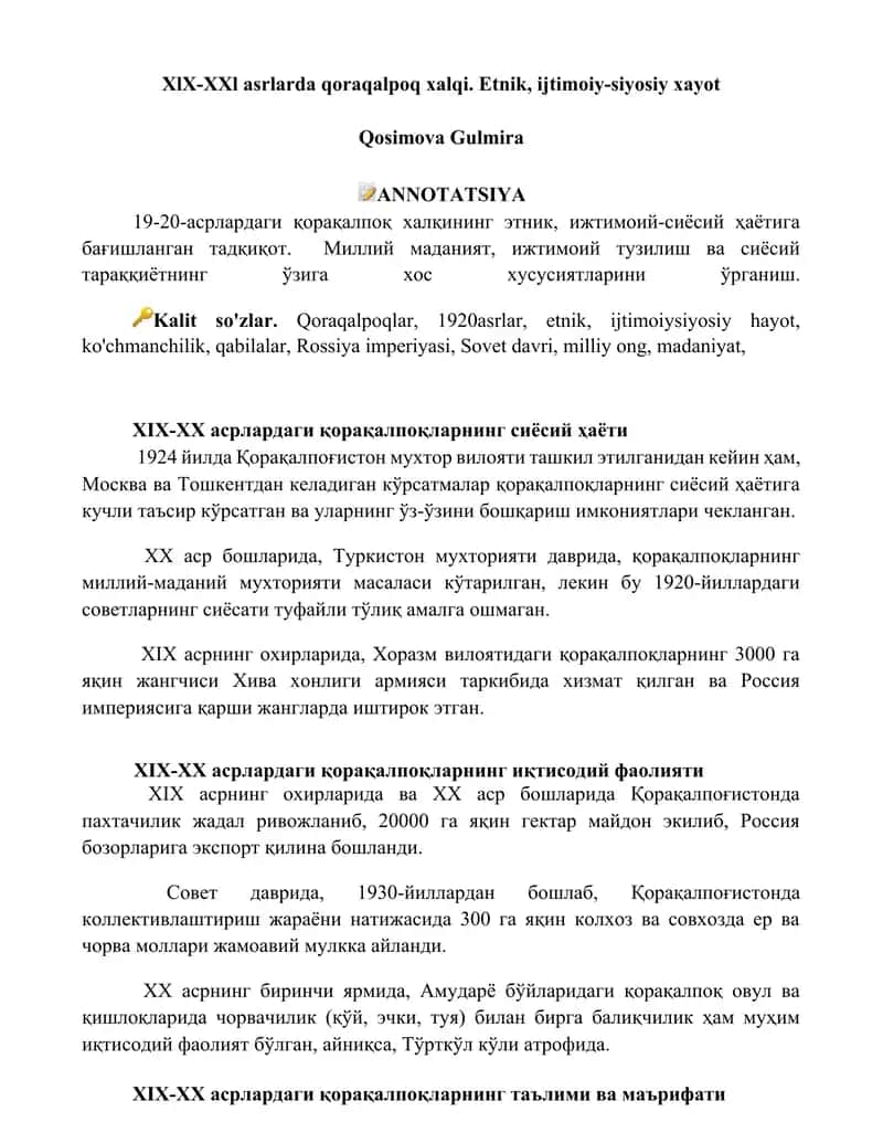 XlX-XXl asrlarda qoraqalpoq xalqi. Etnik, ijtimoiy-siyosiy xayot Qosimova Gulmira 1