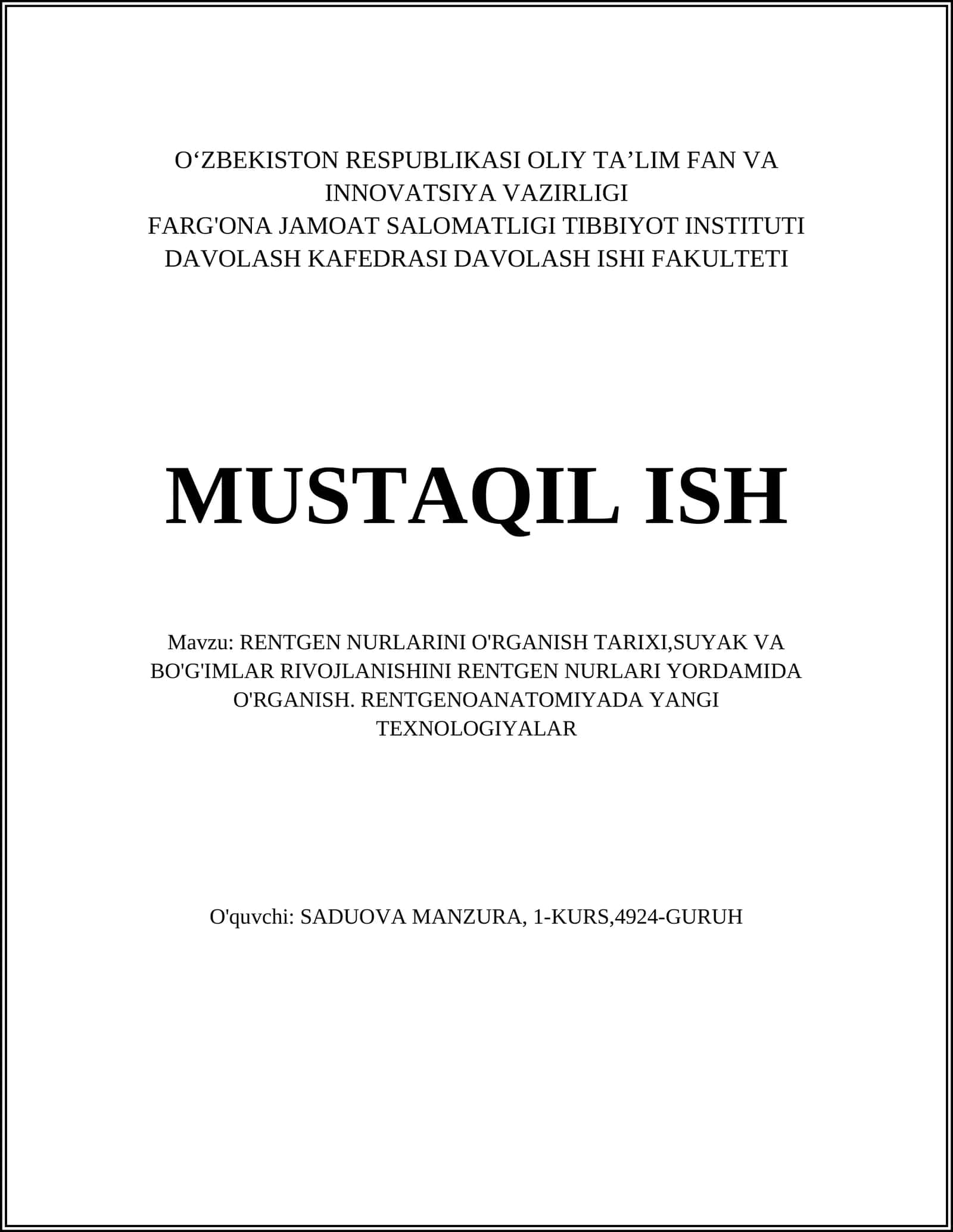 RENTGEN NURLARINI O'RGANISH TARIXI 1
