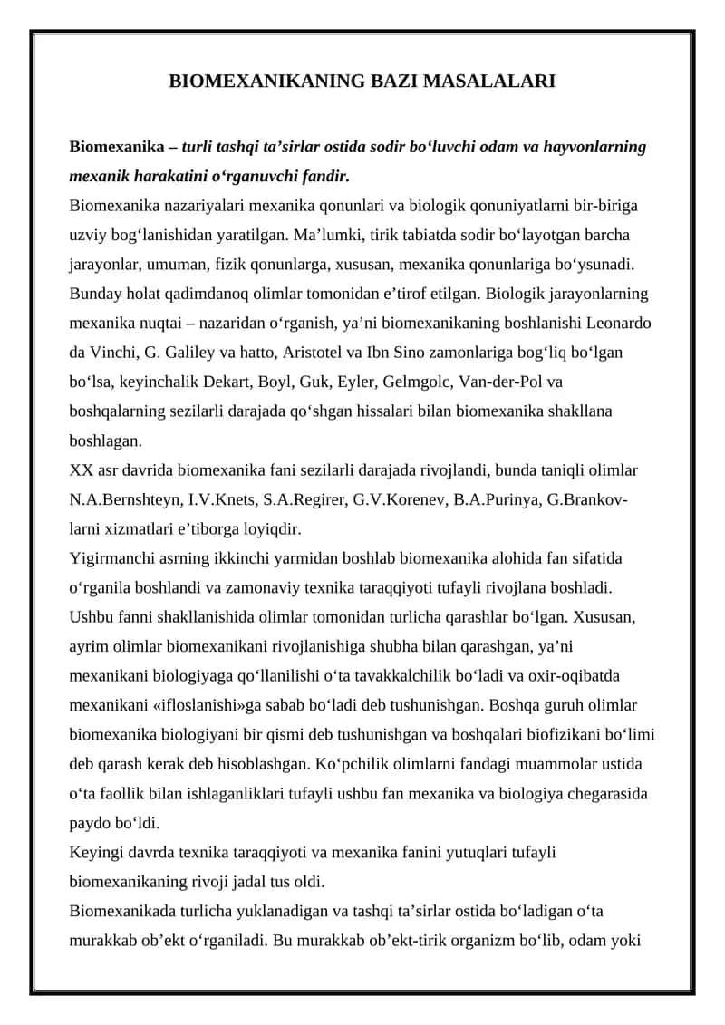 BIOMEXANIKANING BAZI MASALALARI 1