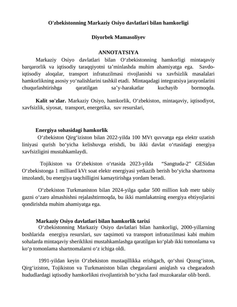 Markaziy Osiyo davlatlari bilan hamkorligi 1