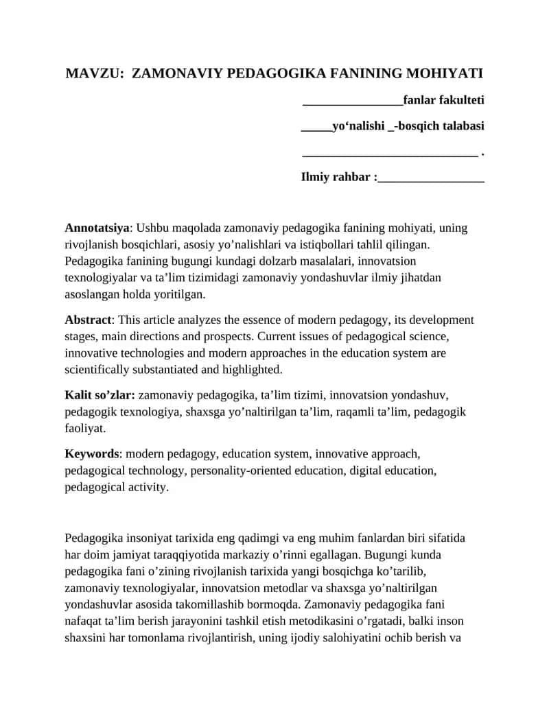 ZAMONAVIY PEDAGOGIKA FANINING MOHIYATI 1