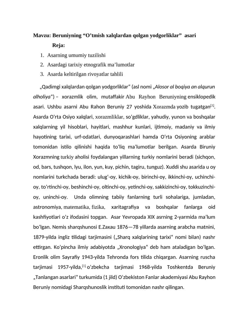 Beruniyning “O’tmish xalqlardan qolgan yodgorliklar” asari 1