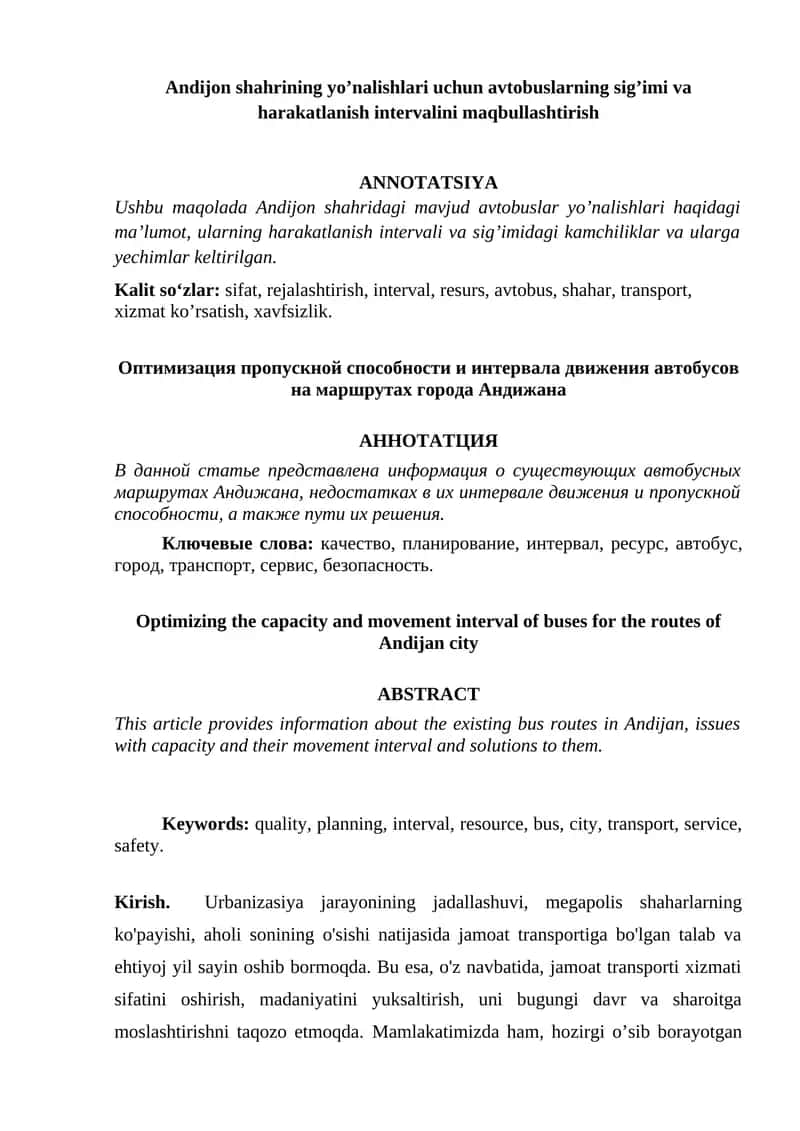 Urbanizatsiya jarayoni va avtobuslar harakatlanish intervalini optimallashtirish 1