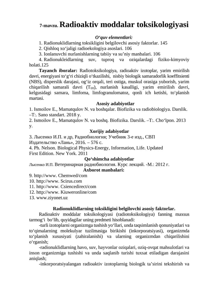 7-mavzu. Radioaktiv moddalar toksikologiyasi 1