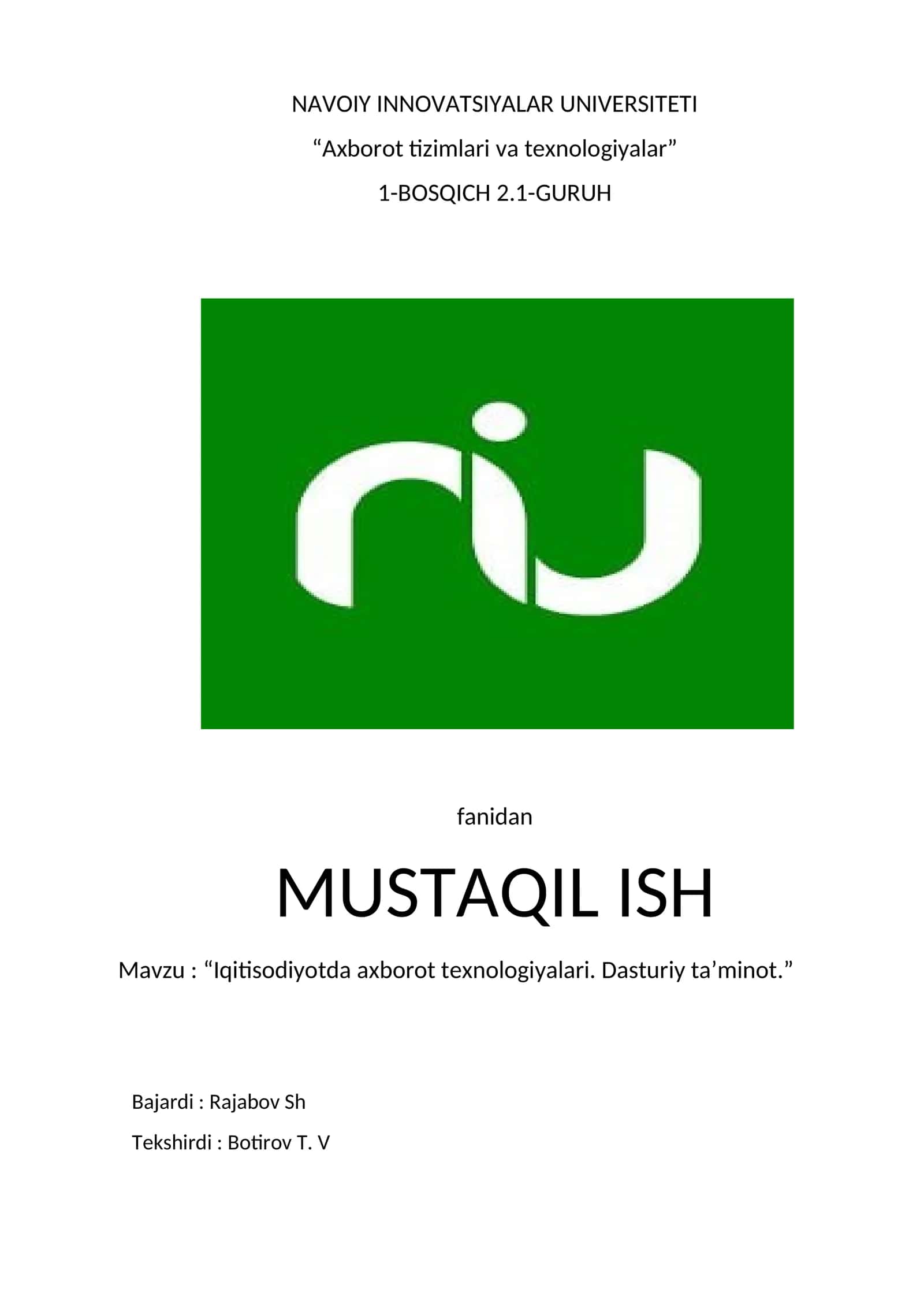 "Iqitisodiyotda axborot texnologiyalari. Dasturiy ta’minot." 1