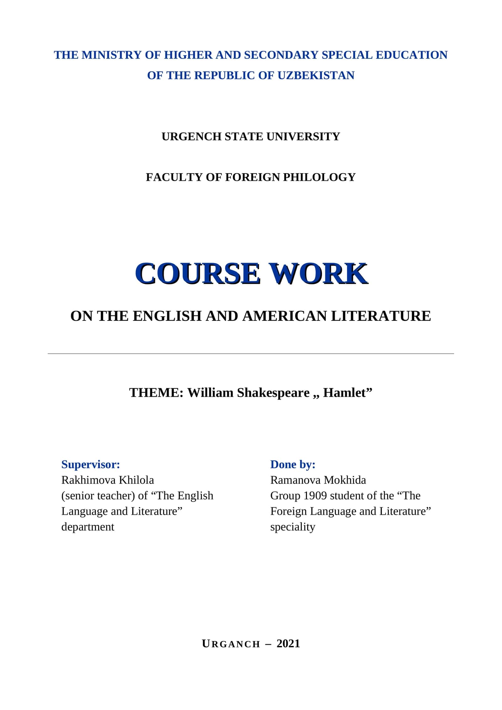 Course work on the English and American Literature 1
