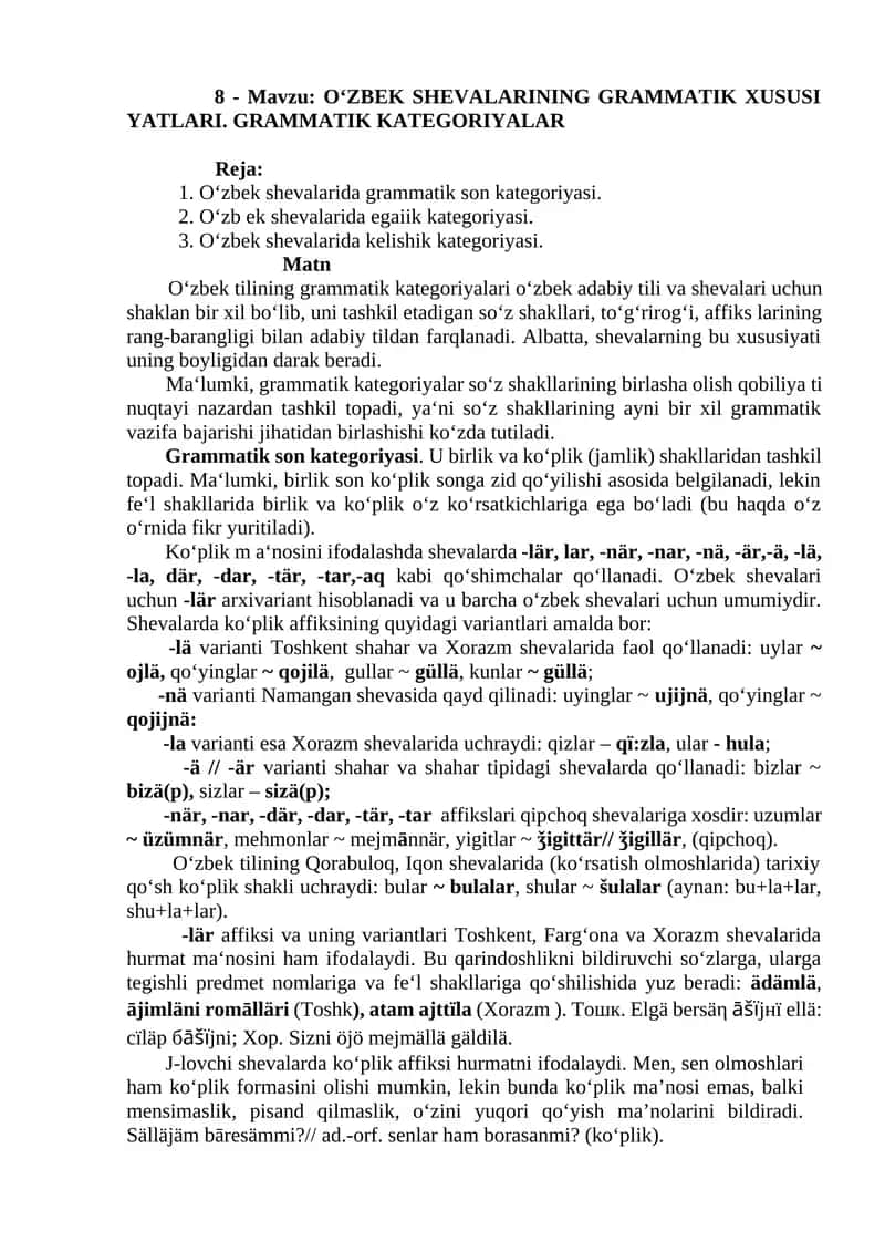 OʻZBEK SHEVALARINING GRAMMATIK XUSUSI YATLARI 1