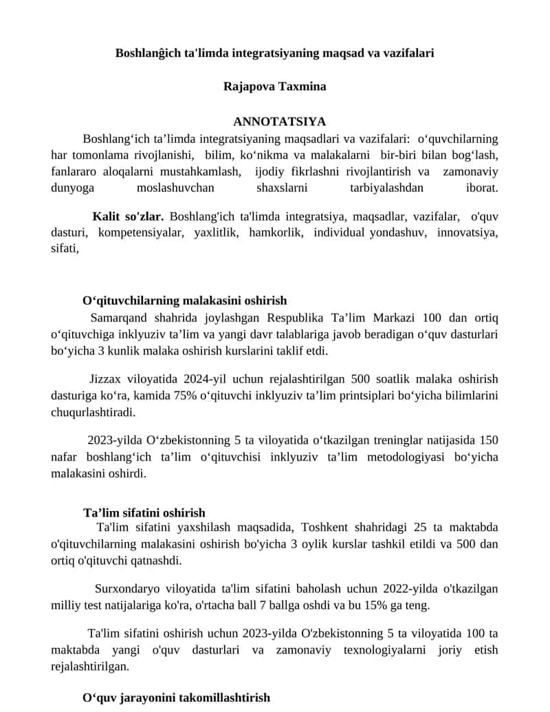 Boshlanĝich ta'limda integratsiyaning maqsad va vazifalari 1