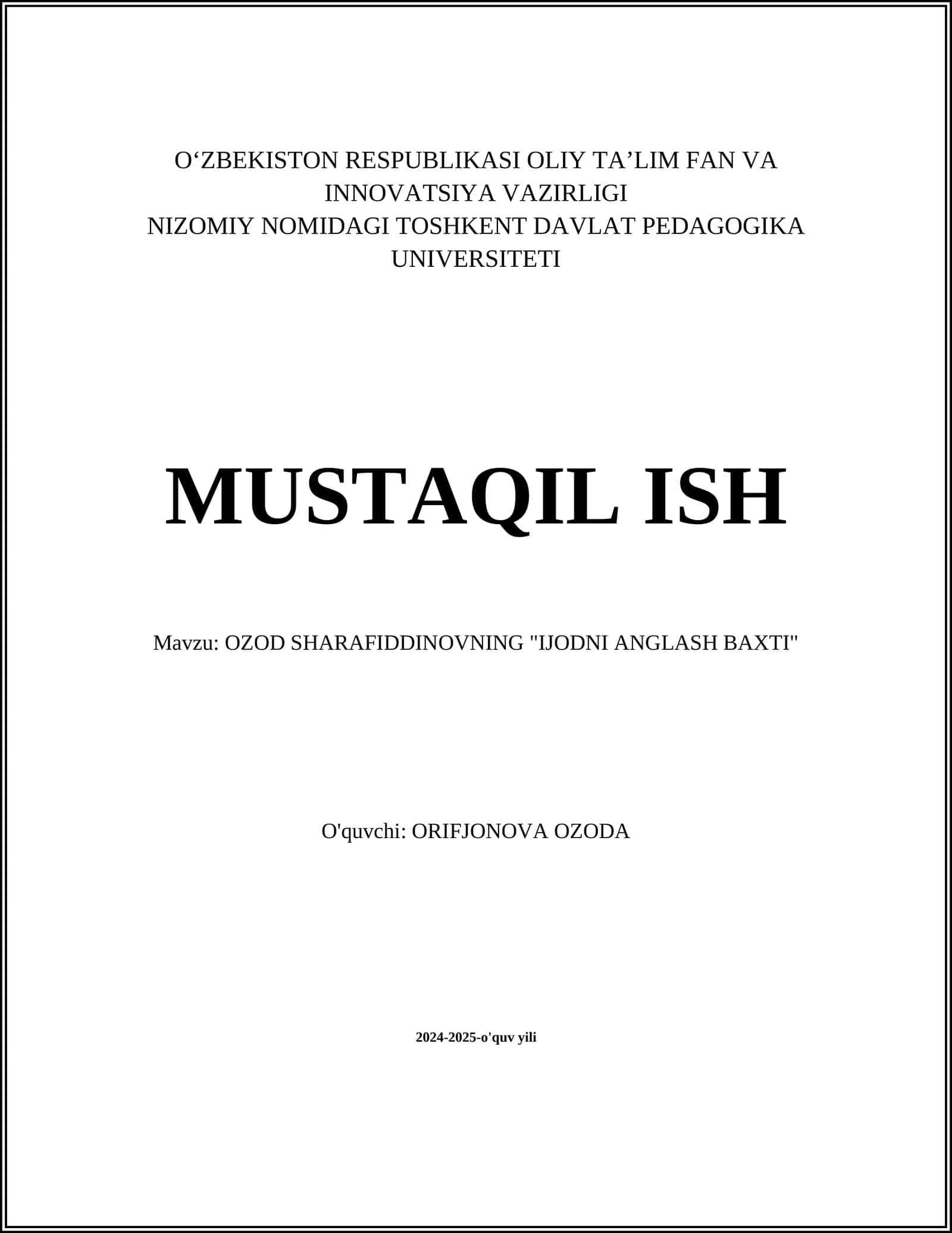 OZOD SHARAFIDDINOVNING "IJODNI ANGLASH BAXTI" 1