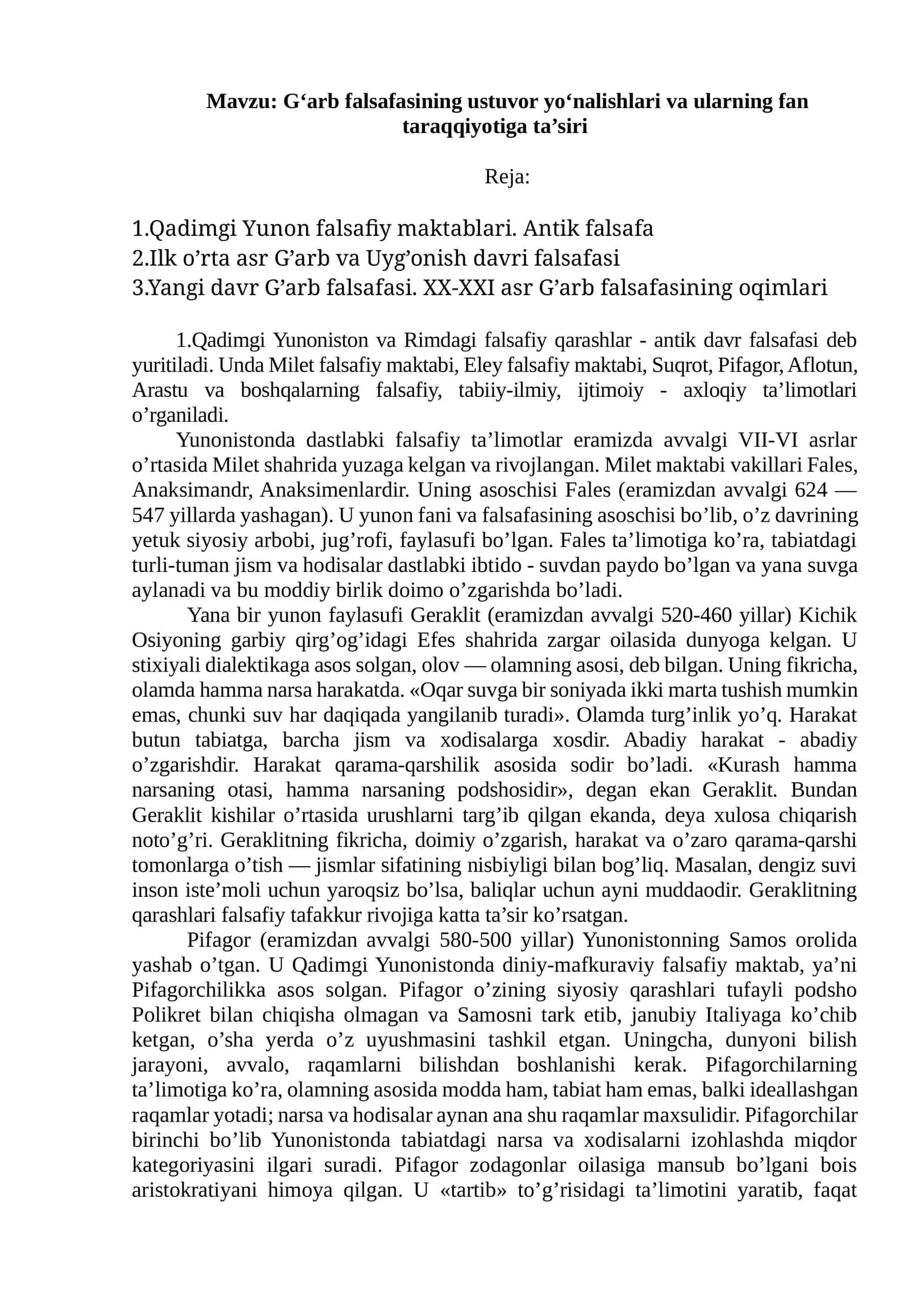 Qadimgi Yunon falsafasining ustuvor yo‘nalishlari va ularning fan taraqqiyotiga ta’siri 1