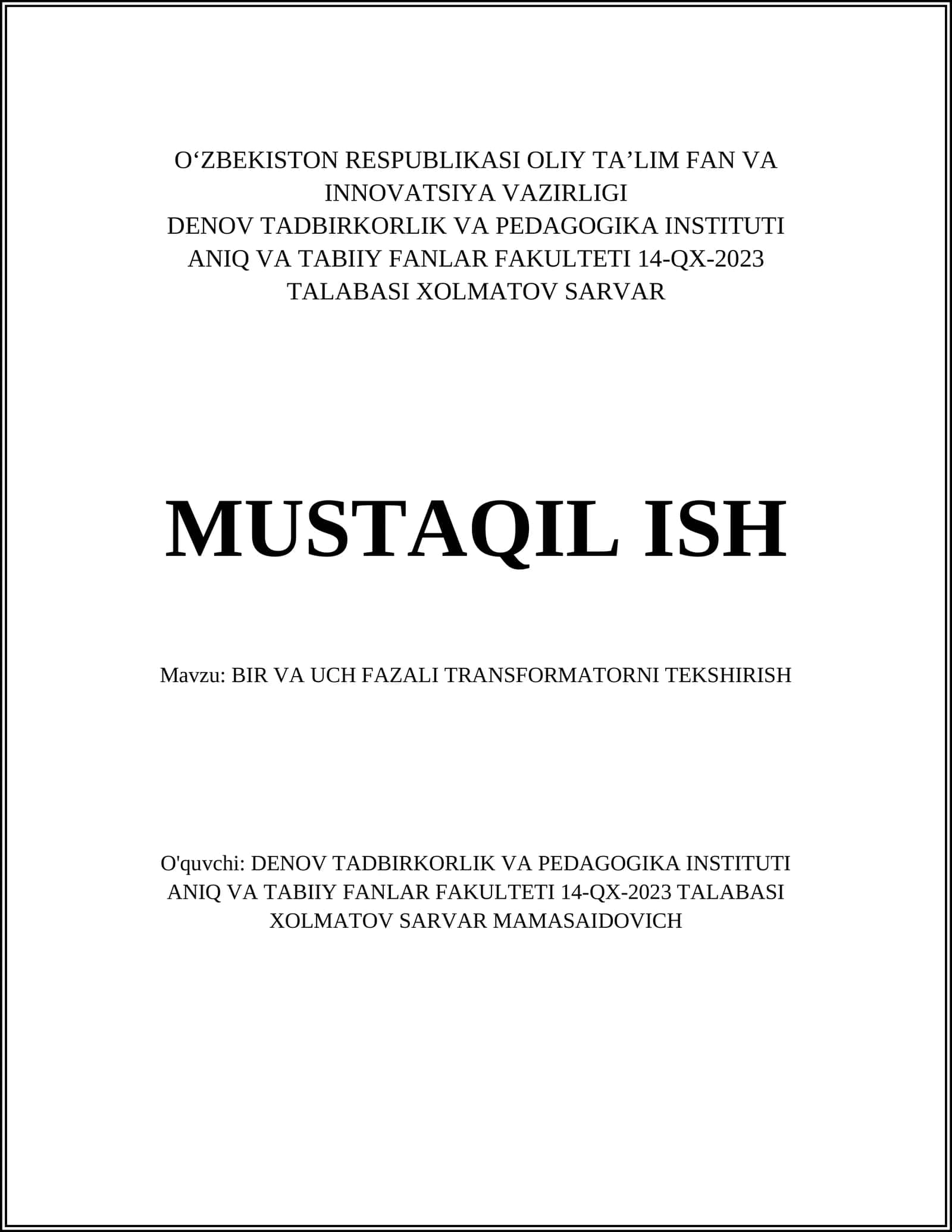 BIR VA UCH FAZALI TRANSFORMATORNI TEKSHIRISH 1