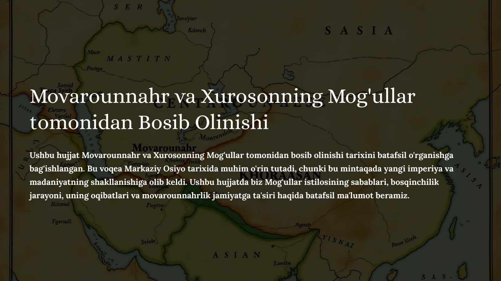 Movarounnahr va Xurosonning Mog'ullar tomonidan Bosib Olinishi mavzusida tayyor taqdimot 1