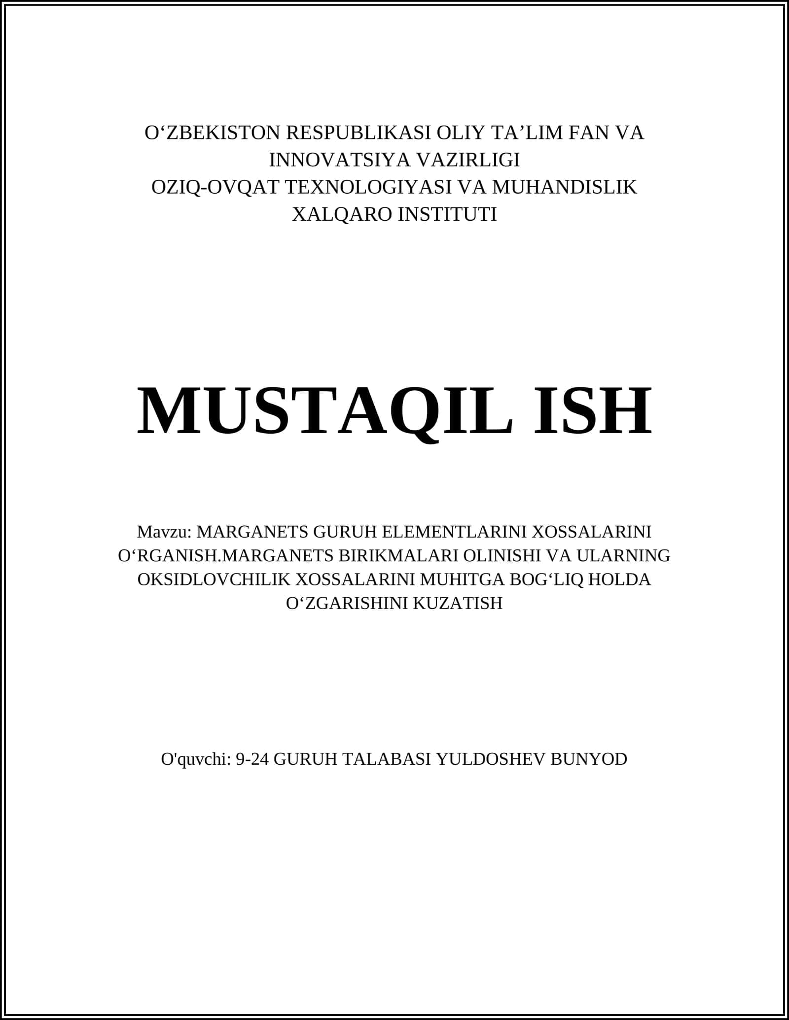 Marganets Guruhi Elementlarini Xossalarini Oʻrganish 1