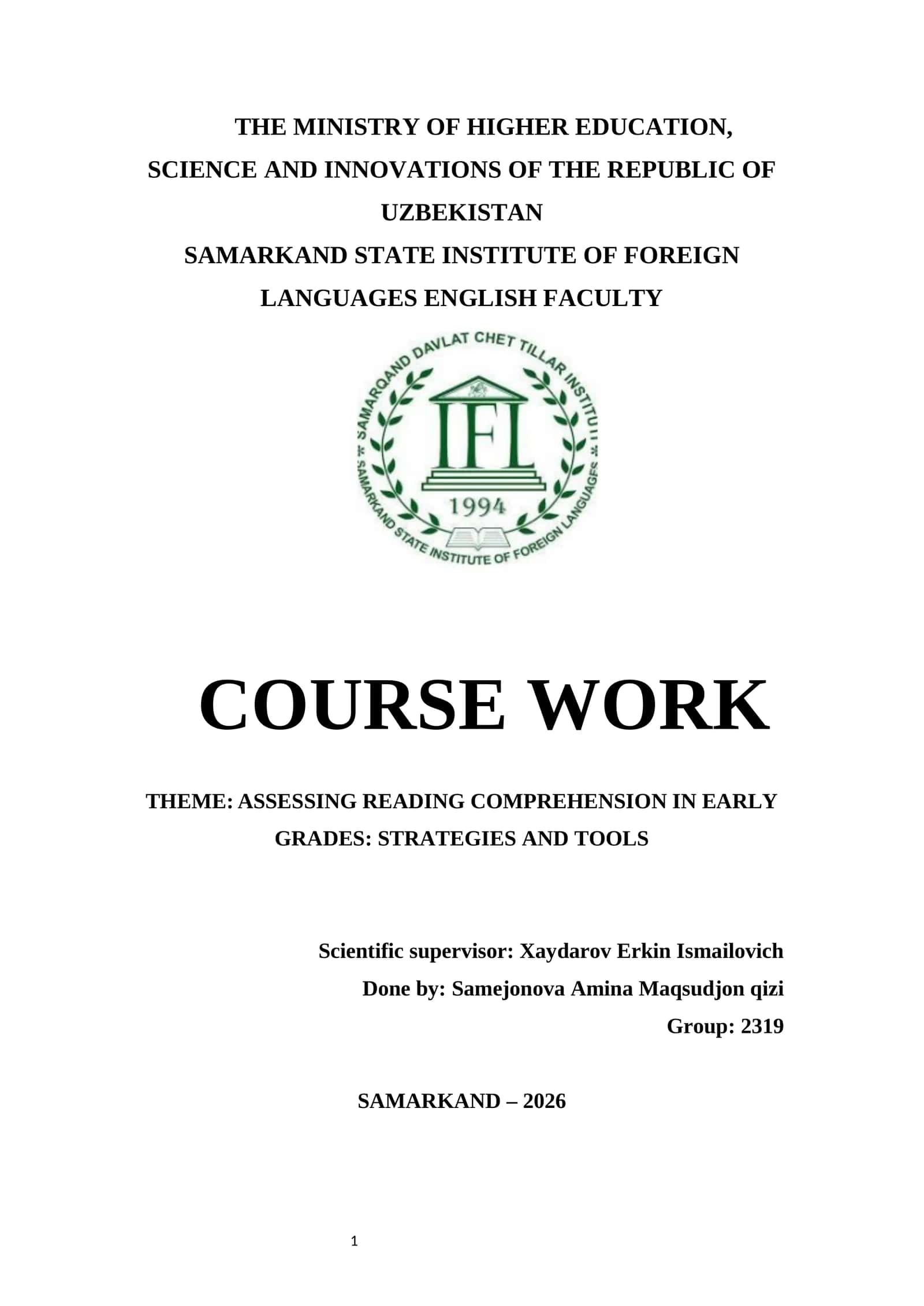 Course Work on Assessing Reading Comprehension 1