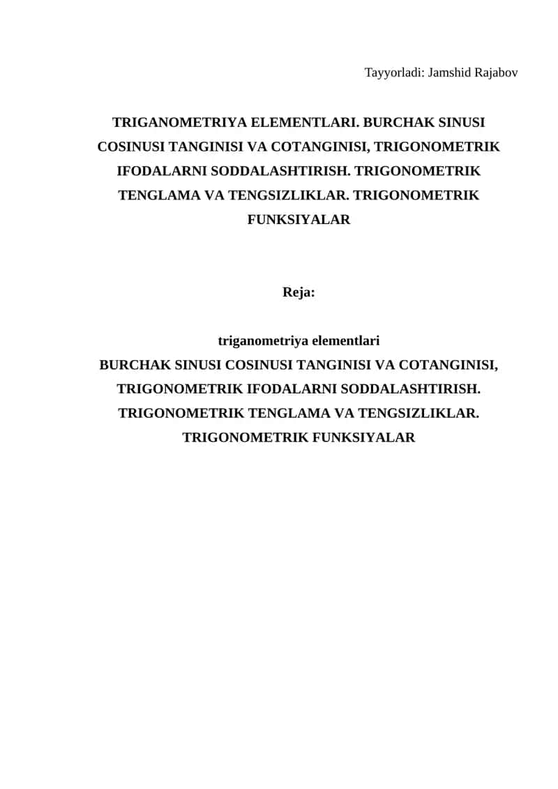 TRIGANOMETRIYA ELEMENTLARI 1