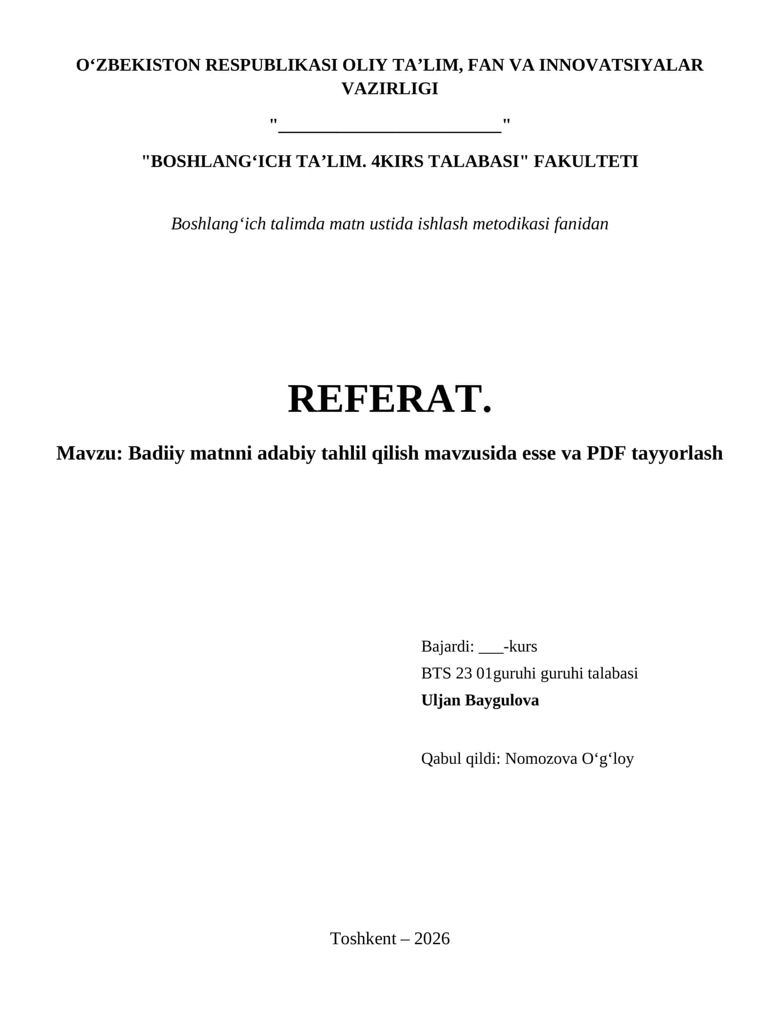 Badiiy matnni adabiy tahlil qilish mavzusida esse va PDF tayyorlash 1