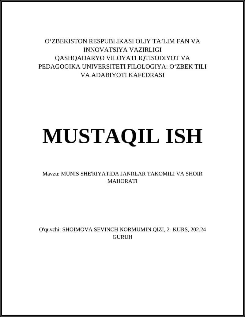 MUNIS SHE'RIYATIDA JANRLAR TAKOMILI VA SHOIR MAHORATI 1
