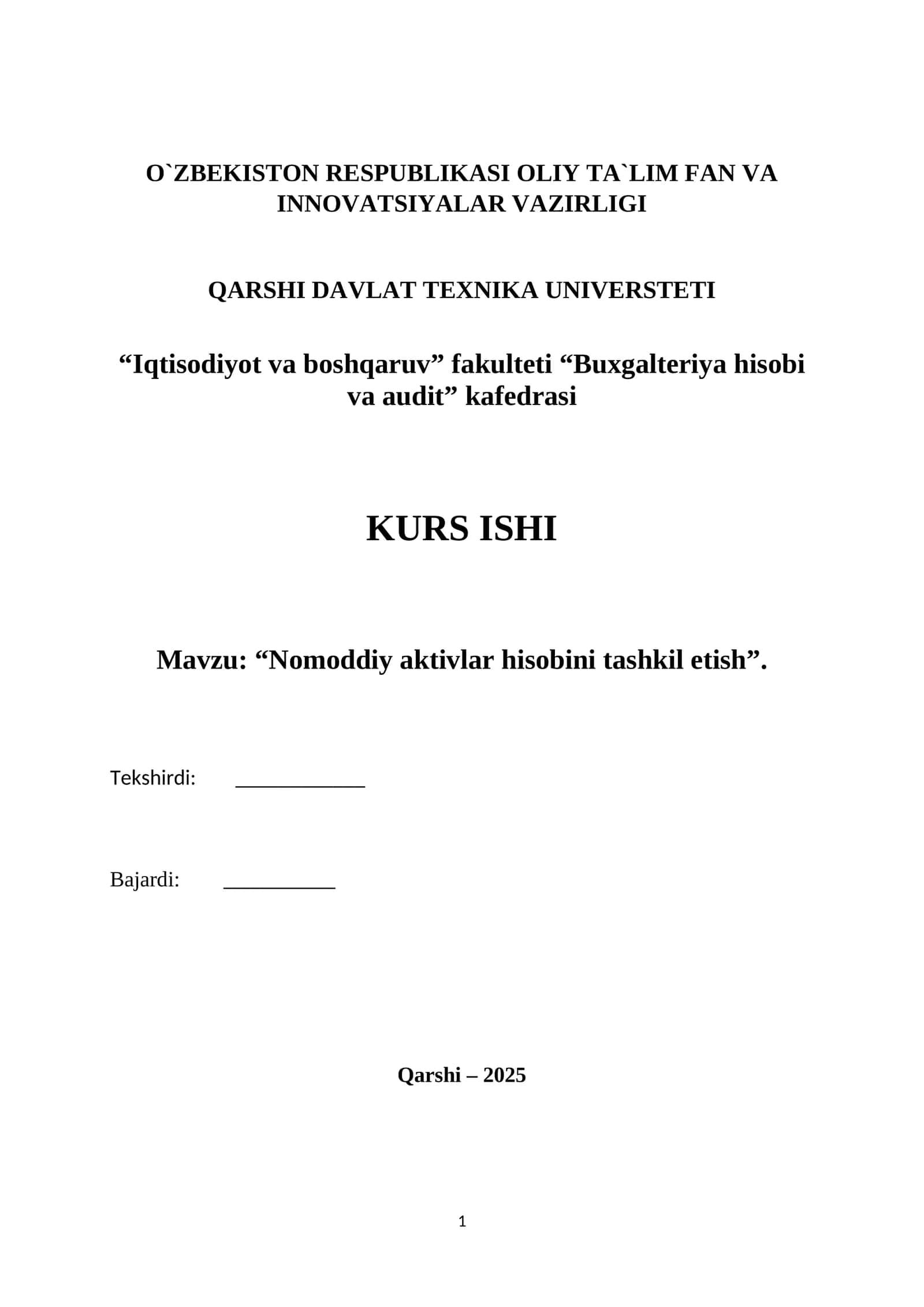Nomoddiy aktivlar hisobini tashkil etish 1