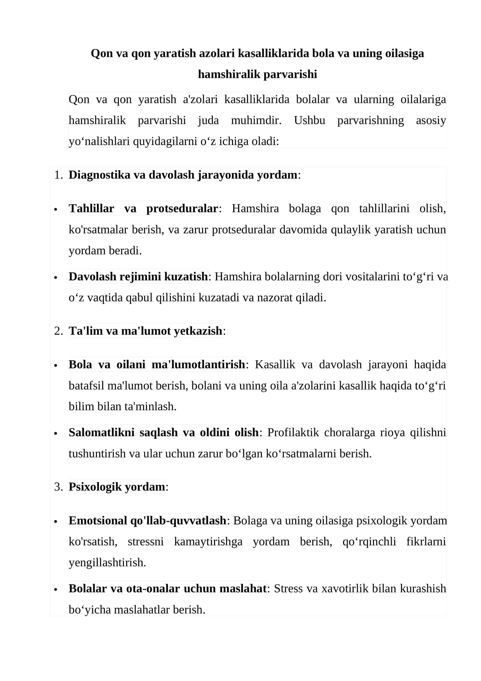 Qon va qon yaratish azolari kasalliklarida bola va uning oilasiga hamshiralik parvarishi 1