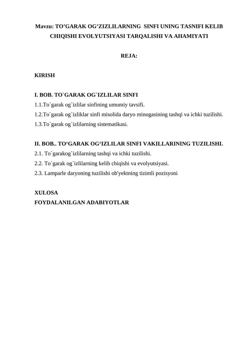 TO’GARAK OG’ZIZLILARNING SINFI UNING TASNIFI KELIB CHIQISHI EVOLYUTSIYASI TARQALISHI VA AHAMIYATI 1