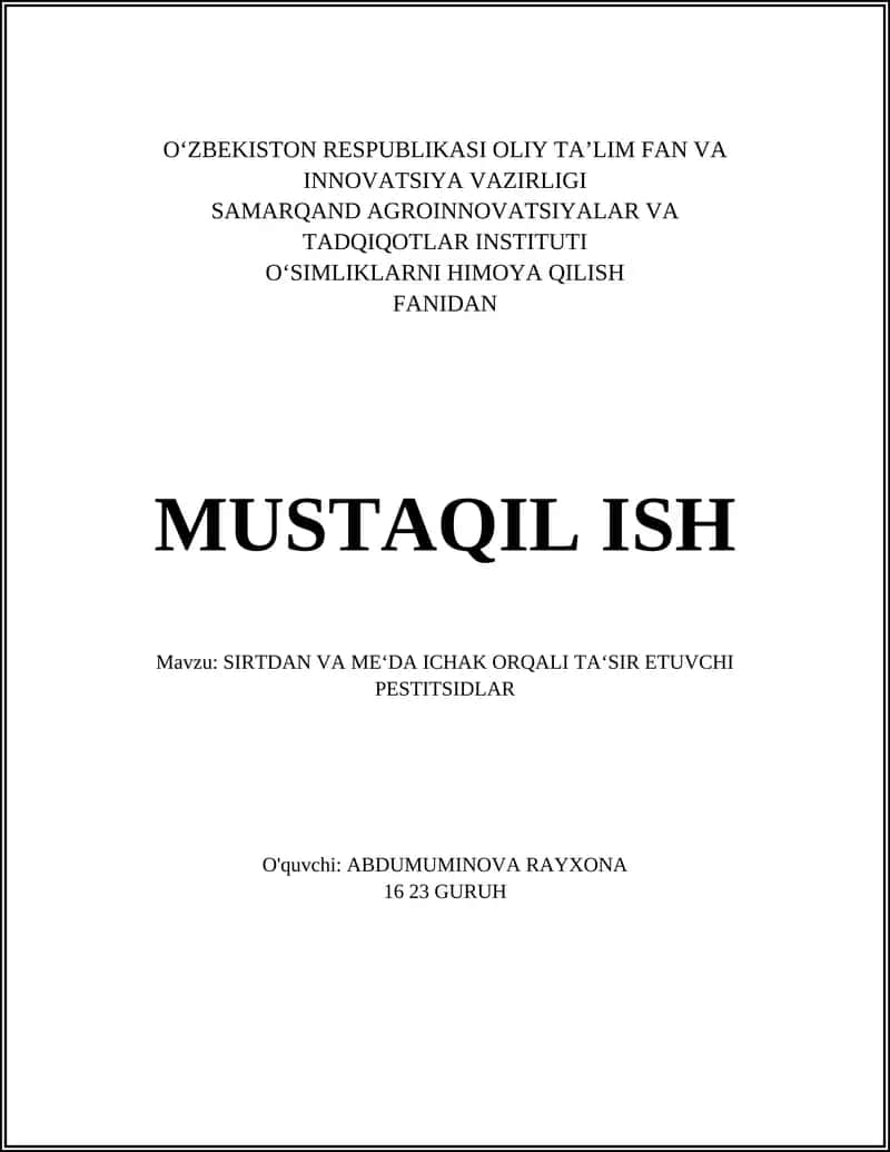 SIRTDAN VA ME‘DA ICHAK ORQALI TA‘SIR ETUVCHI PESTITSIDLAR 1