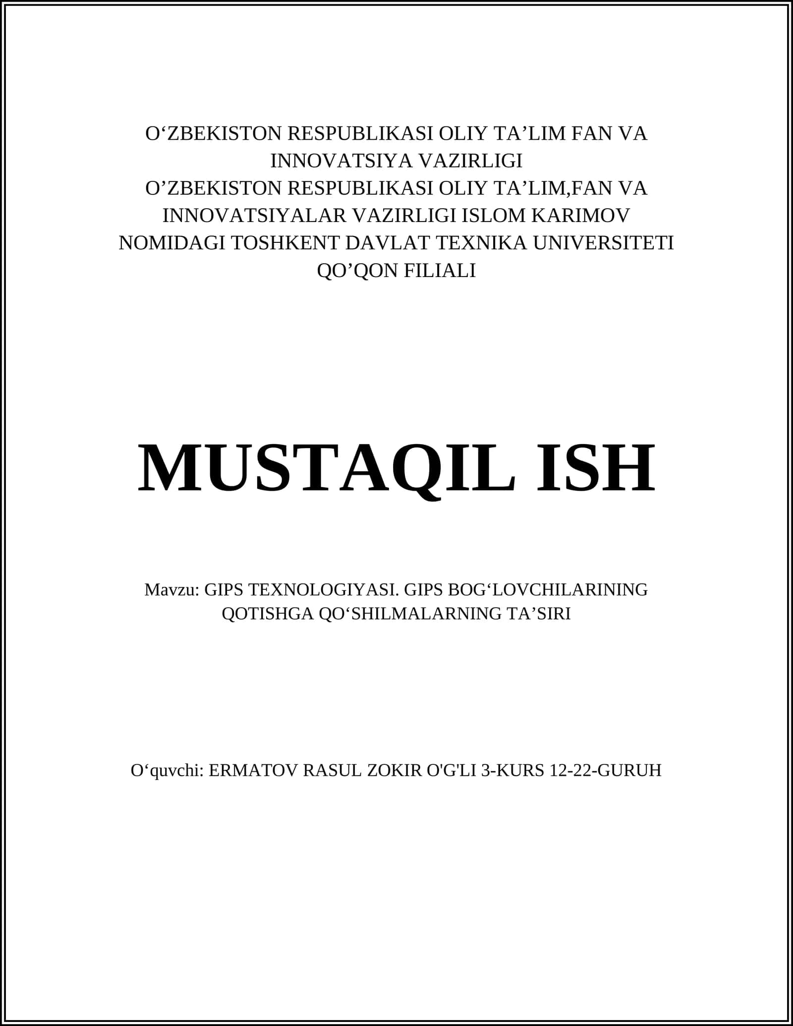 GIPS TEXNOLOGIYASI. GIPS BOG‘LOVCHILARINING QOTISHGA QO‘SHILMALARNING TA’SIRI 1