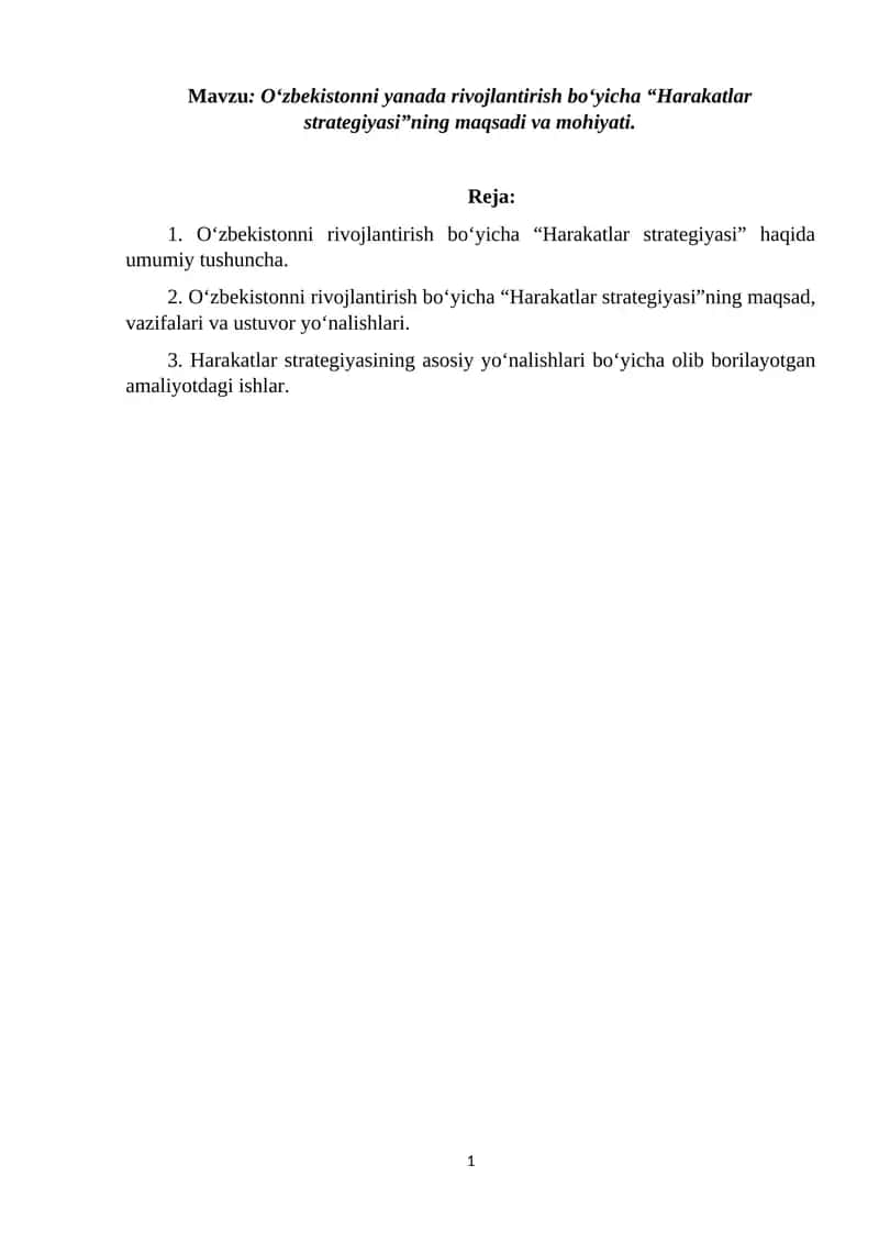 O‘zbekistonni yanada rivojlantirish bo‘yicha “Harakatlar strategiyasi”ning maqsadi va mohiyati 1