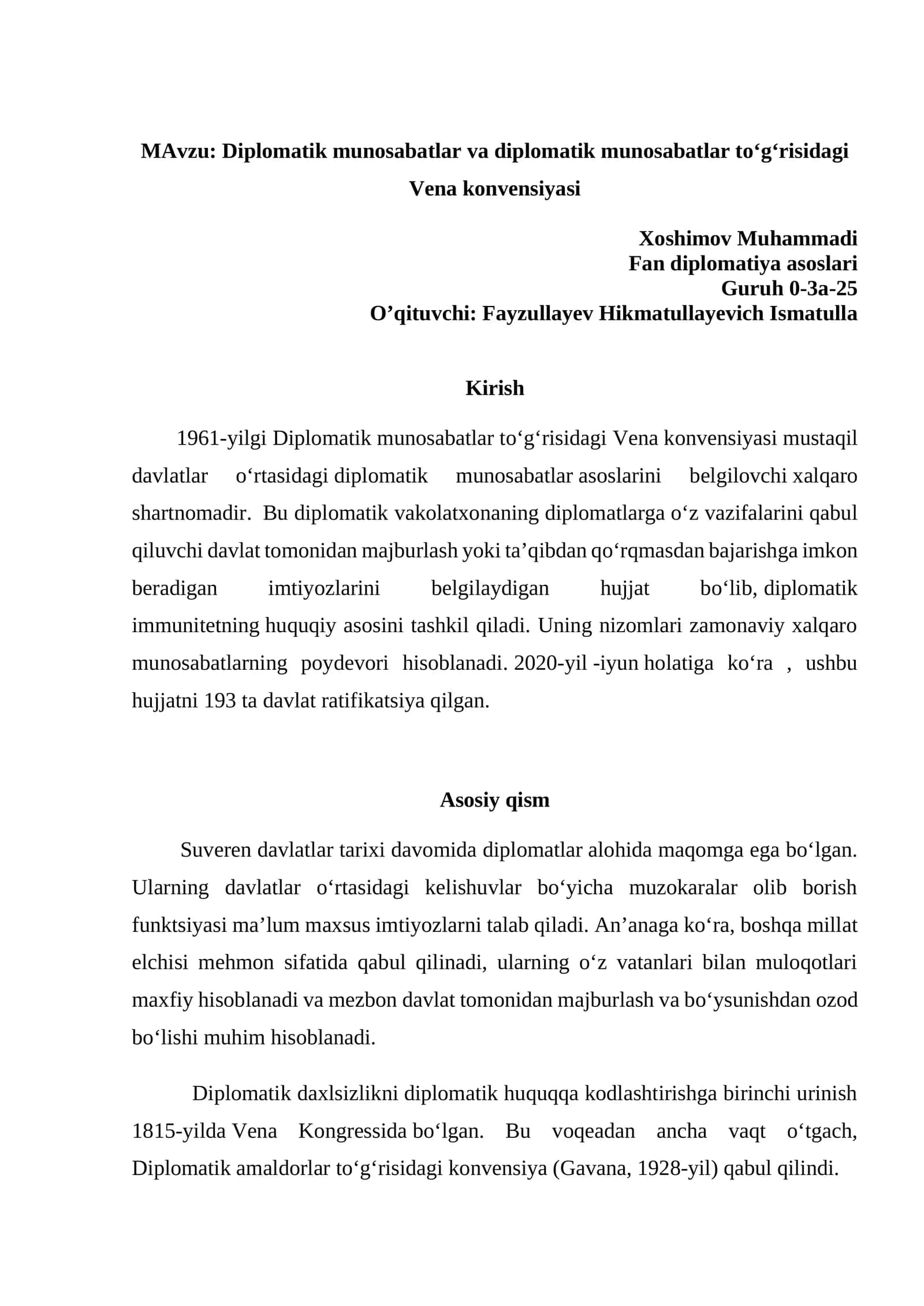 Diplomatik munosabatlar va diplomatik munosabatlar to‘g‘risidagi Vena konvensiyasi 1