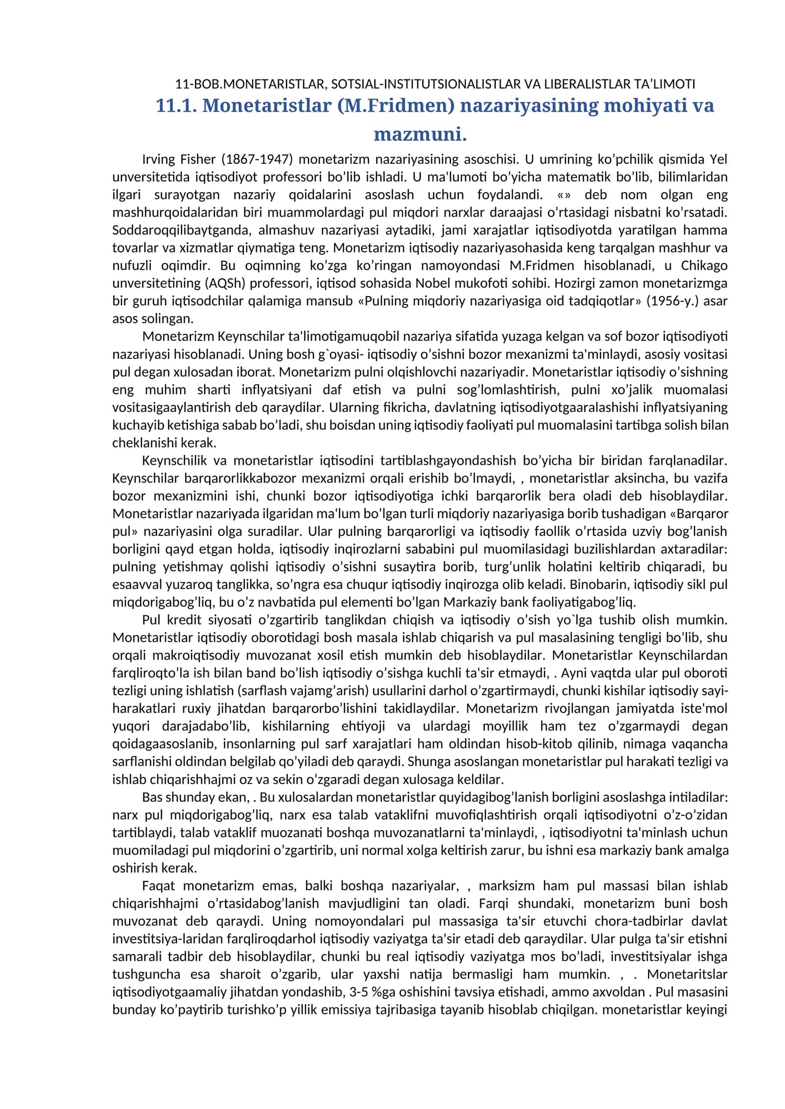 Monetaristlar, Sotsial-institutsionistlar va Liberalistlar Ta'limoti 1