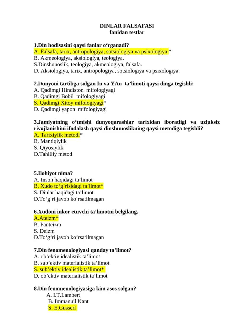 DINLAR FALSAFASI fanidan testlar 1