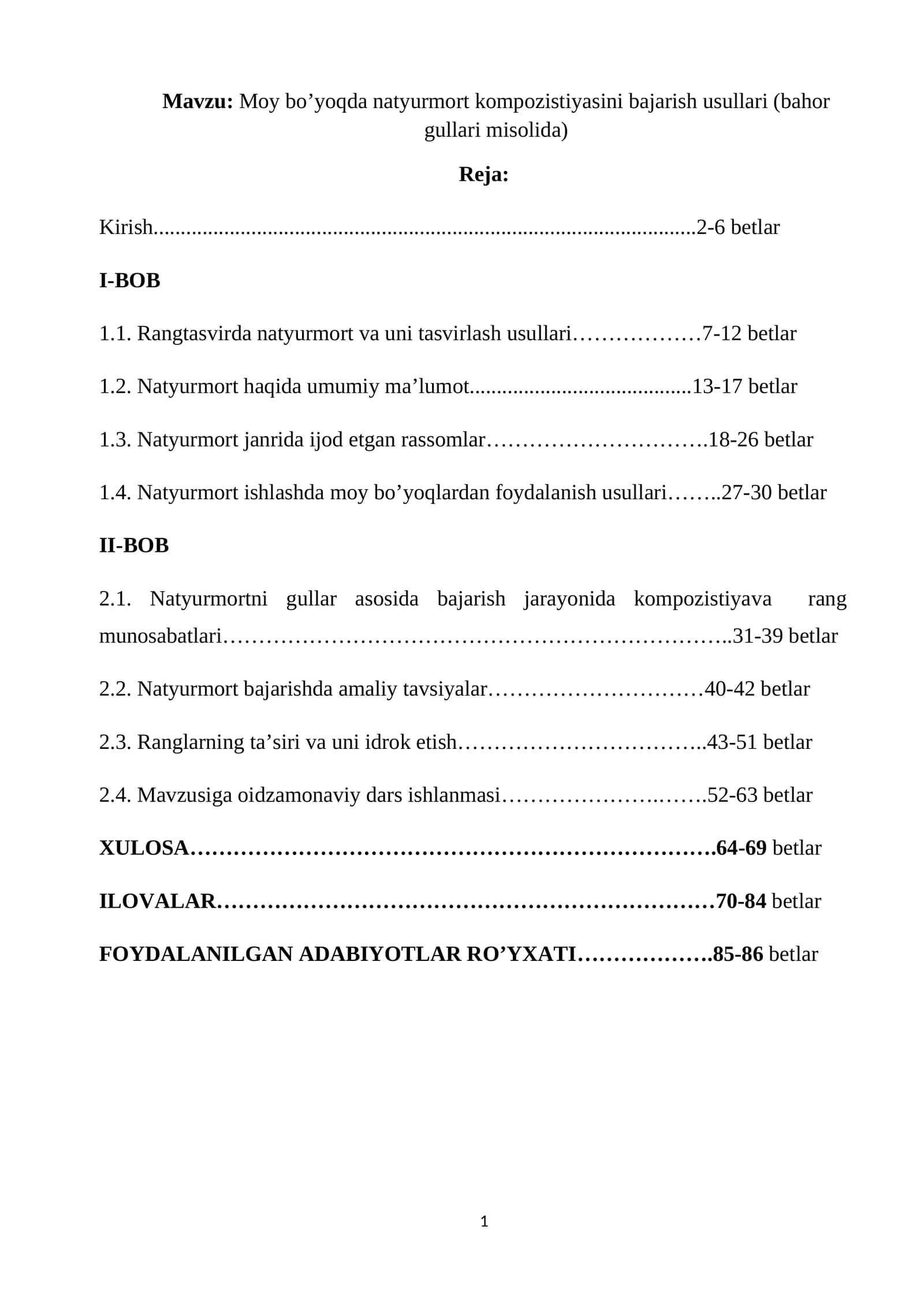 Moy bo’yoqda natyurmort kompozistiyasini bajarish usullari (bahor gullari misolida). Diplom ishi 1