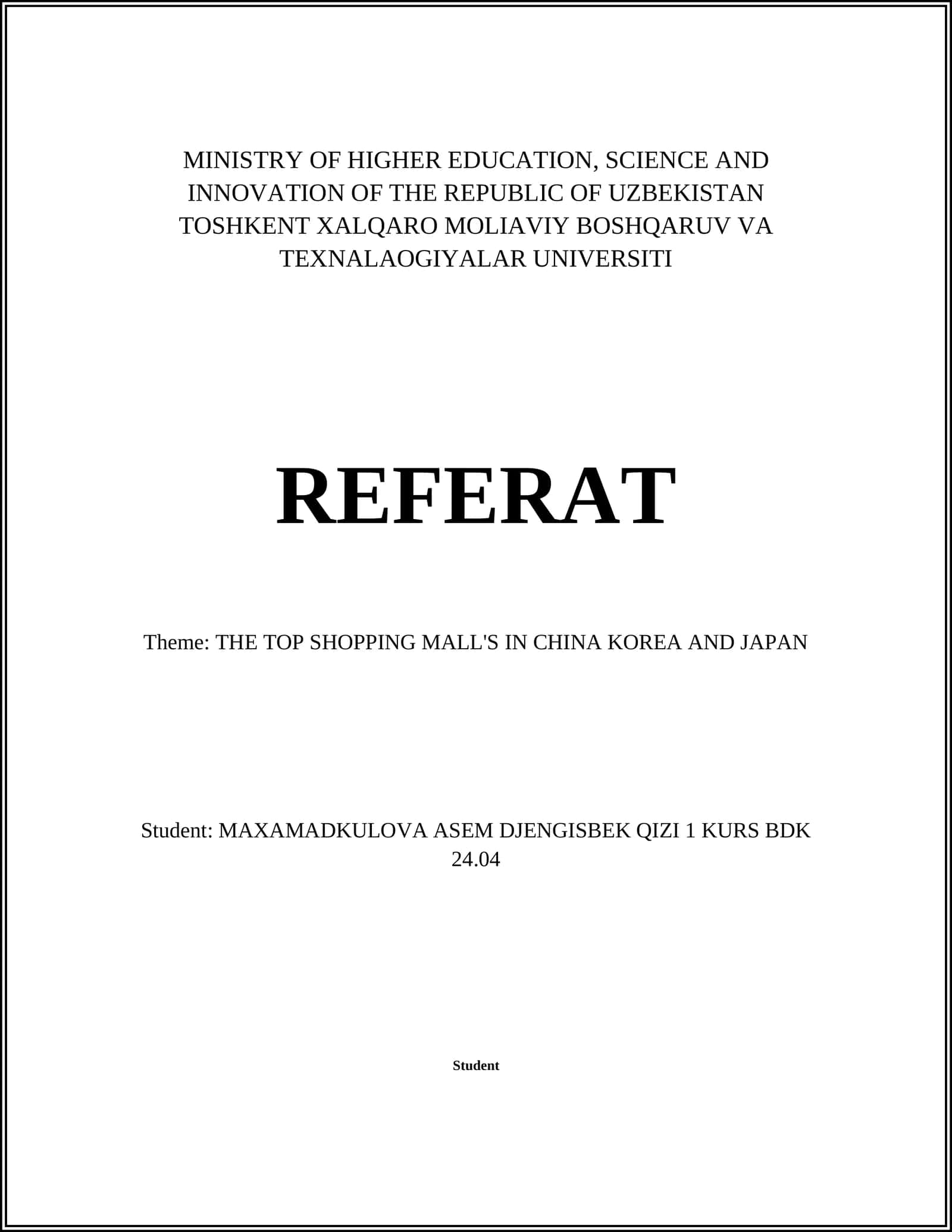 Referat: THE TOP SHOPPING MALL'S IN CHINA KOREA AND JAPAN 1