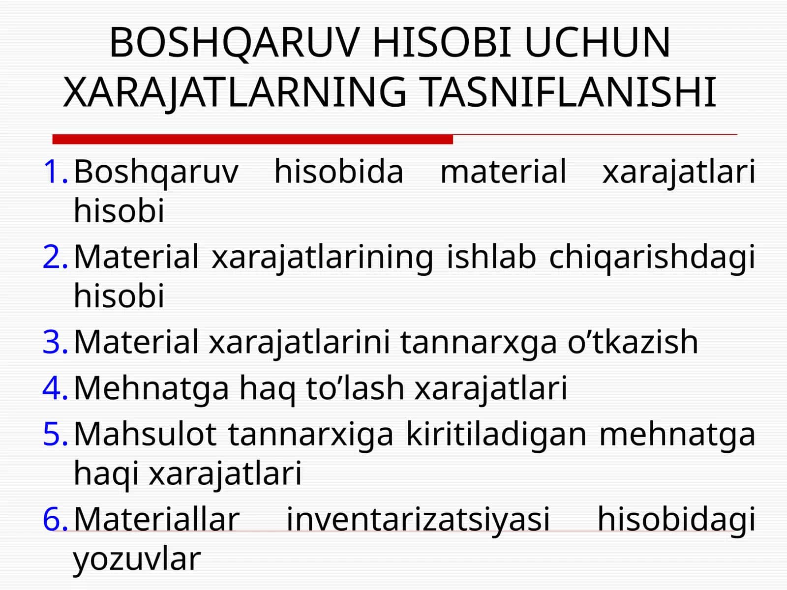 BOSHQARUV HISOBI UCHUN XARAJATLARNING TASNIFLANISHI 1