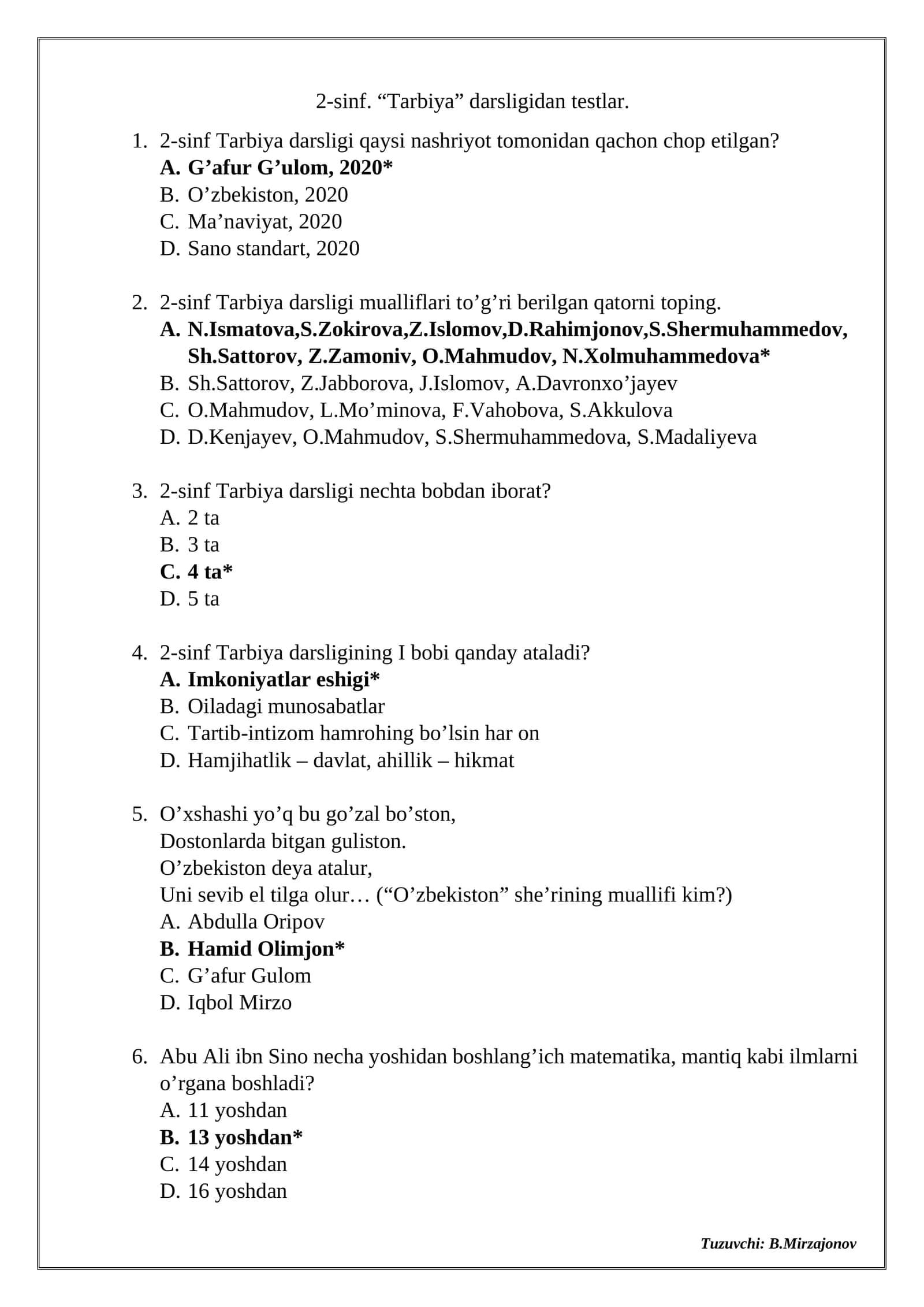 2-sinf. “Tarbiya” darsligidan testlar 1