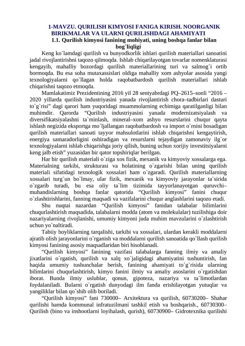Qurilish kimyosi faniga kirish 1
