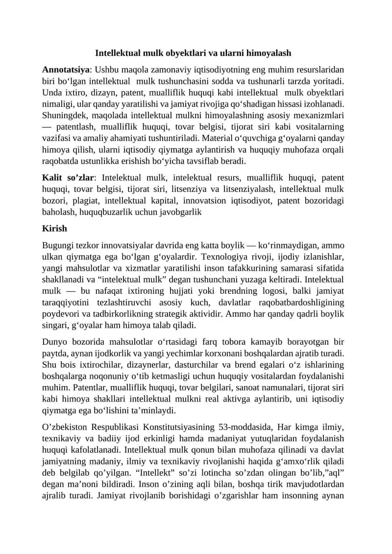 Intellektual mulk obyektlari va ularni himoyalash 1
